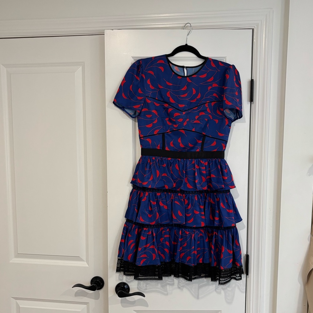 Self-Portrait Navy Midi Dress with Red Leaf Motif